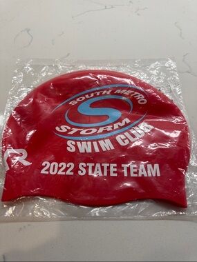 TYR Red Swim Cap with Blue and White Logo